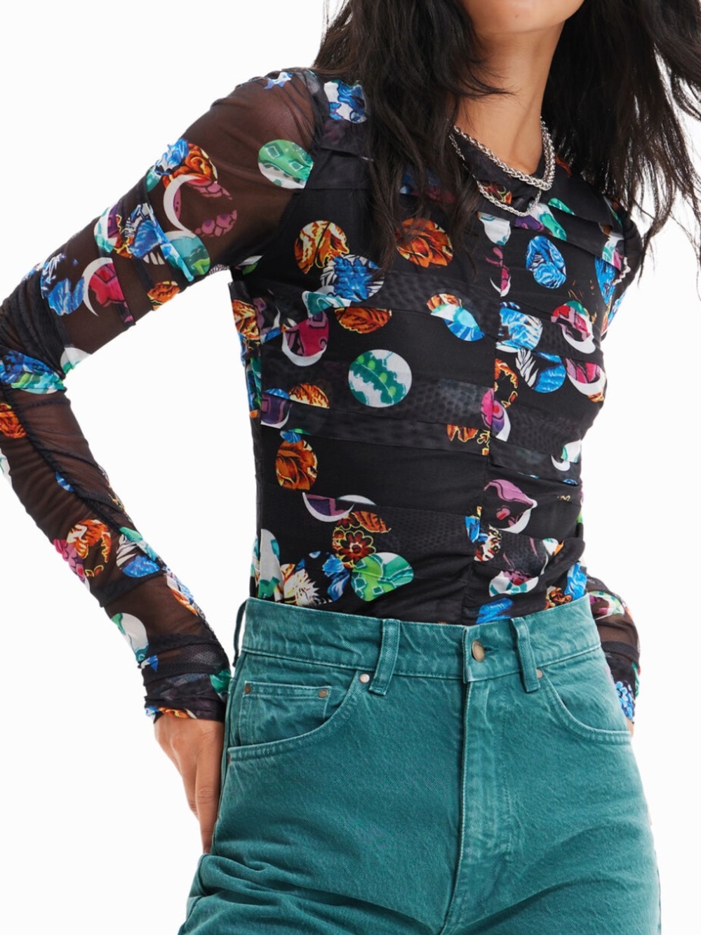 Desigual Fantasy Polka Dot Mesh Draped Ruched Bodysuit Black Multi-Color Small